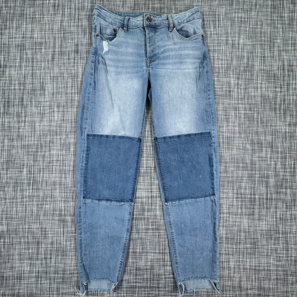 H&M Divided Womens Patchwork Distressed Tapered Jeans Light Wash Raw Hem Size 8